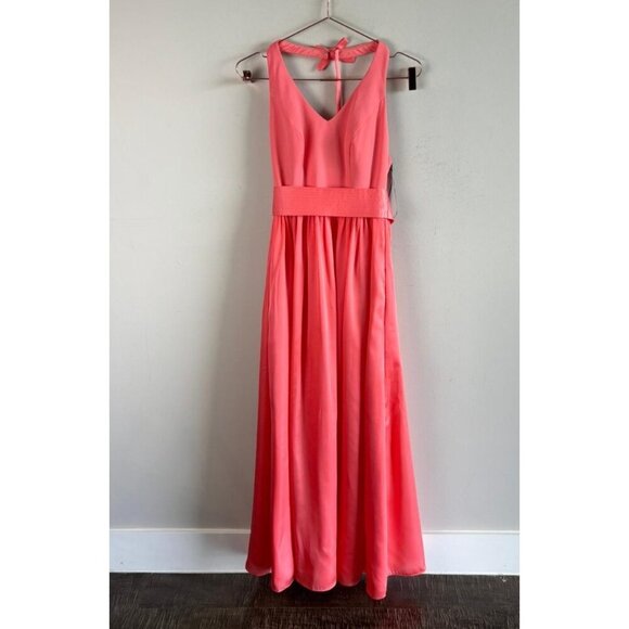 Vera Wang Coral Halter Gown V-Neck Bow Back Slit Skirt Satin Formal Dress Size 2 - Picture 3 of 12